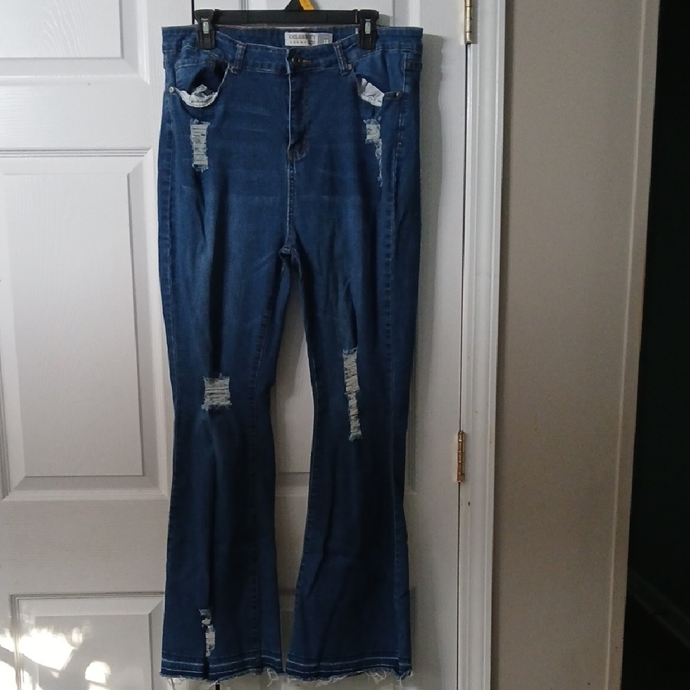Celebrity Ace  stretch Distressed Blue Flare Raw Hem Jeans Sz 18 EUC